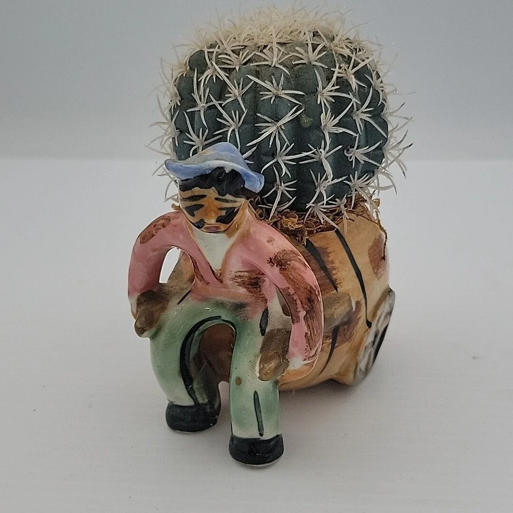 MINI FAKE FAUX PLANT POTS. CACTUS PLANTERS. Vintage Man Pulling Wagon